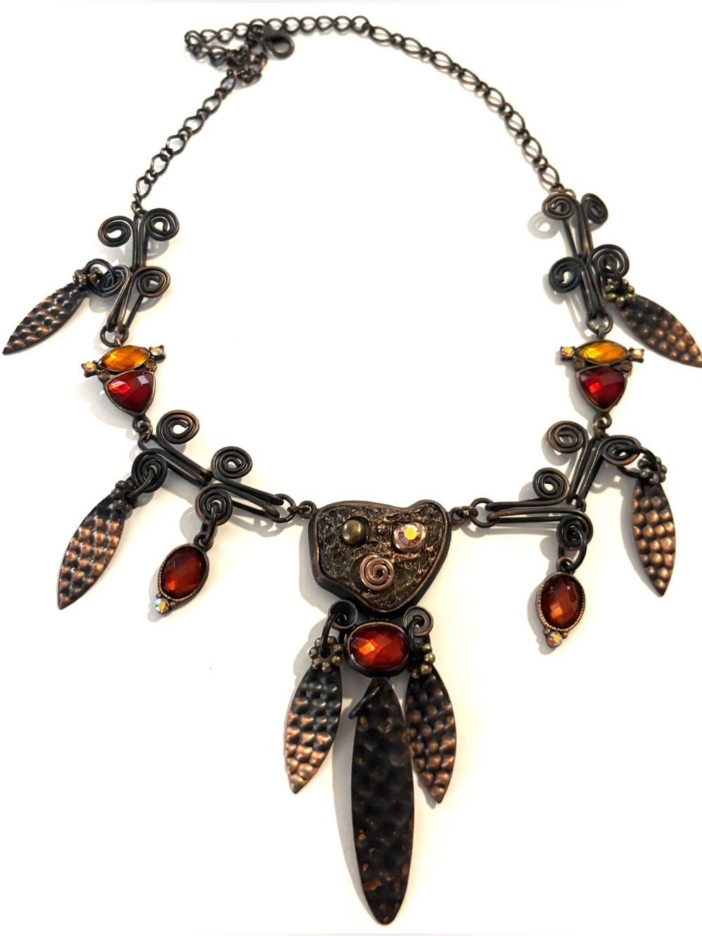 Vintage Copper Necklace with Amber and Deep Red Stones